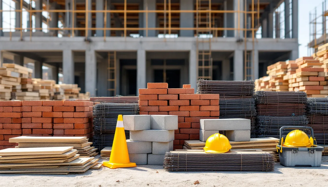 Na imagem, materiais de construção estão organizados em um canteiro de obras, com diferentes tipos de itens dispostos de forma ordenada, refletindo a importância do planejamento na construção civil. Essa disposição facilita a execução do projeto e garante eficiência nas etapas da obra, destacando a relevância da leitura e interpretação do memorial descritivo.
