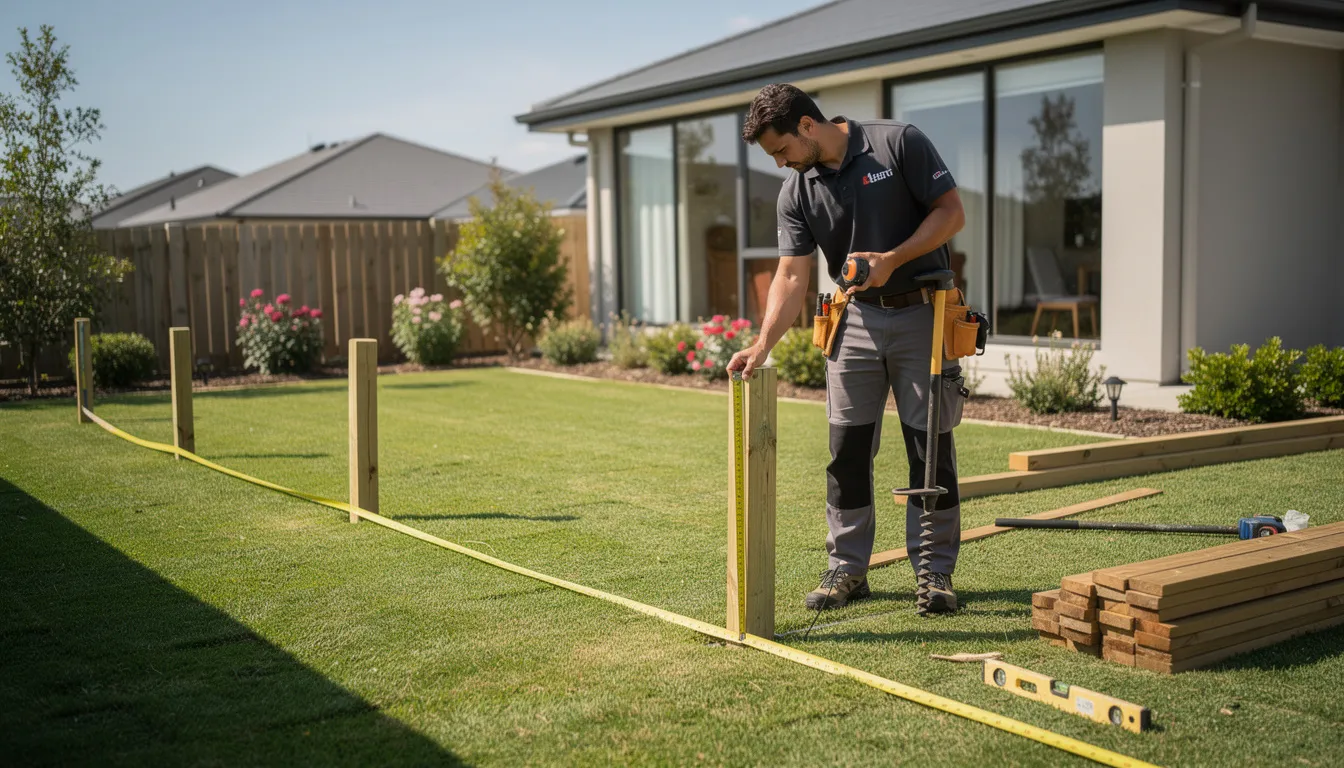 A fencing professional is measuring a fence line in a residential backyard, preparing for the installation of timber fencing. The setting shows a well-maintained yard, highlighting the importance of skilled workmanship in residential fencing projects.