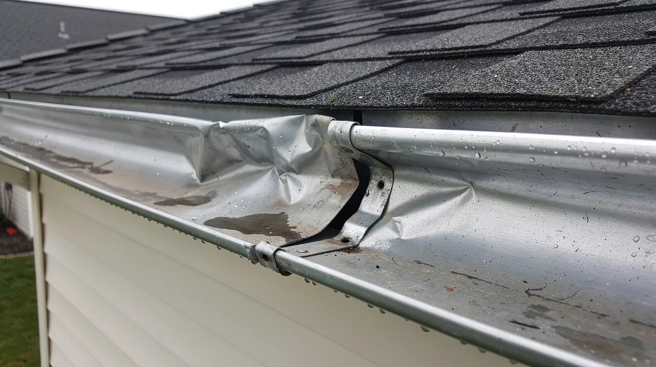 Residential gutter with storm damage: dents and separated seams, illustrating the need for professional gutter repair in Pueblo.