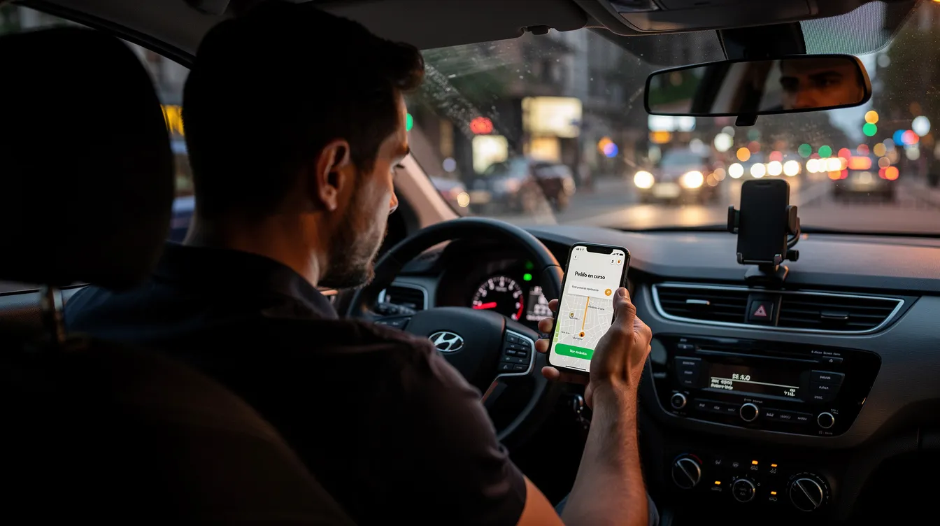 Un conductor está revisando su teléfono móvil mientras la aplicación de delivery está abierta en el tablero de su auto, lo que sugiere que está gestionando un pedido para un servicio como Uber Eats o DoorDash. La imagen refleja la rutina de los repartidores que entregan comida a domicilio.