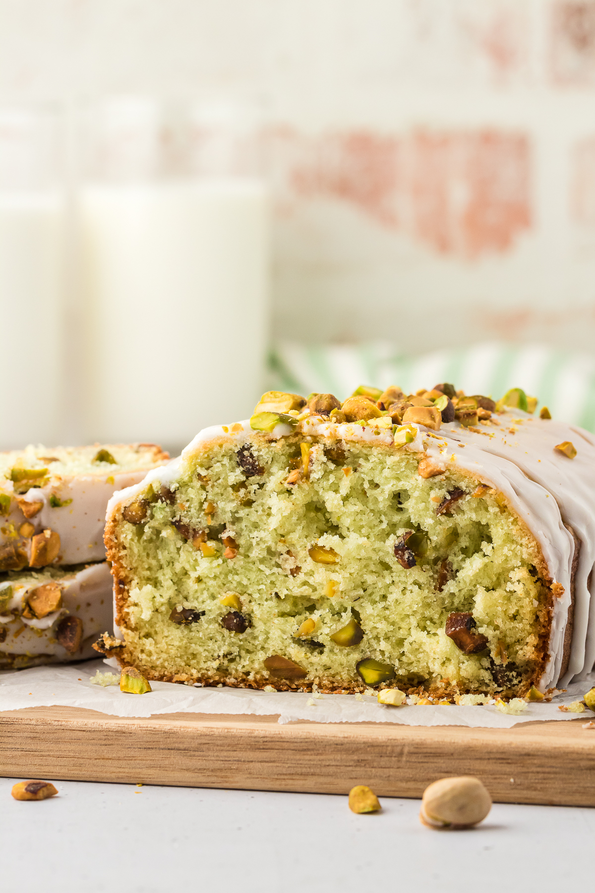 pistachio loaf bread on a wooden board