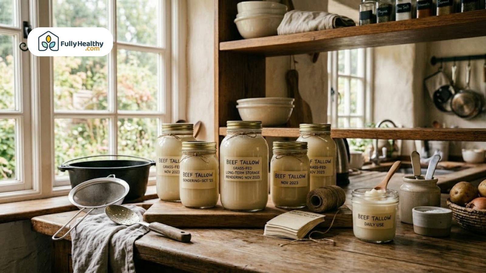 Prepared beef tallow jars and tools arranged on rustic kitchen countertop