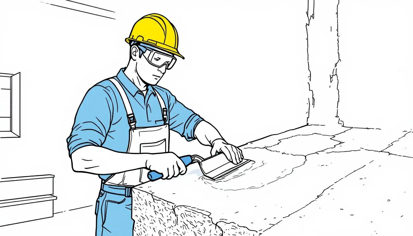 A person repairing minor damages in concrete steps with a trowel and quick-setting cement.