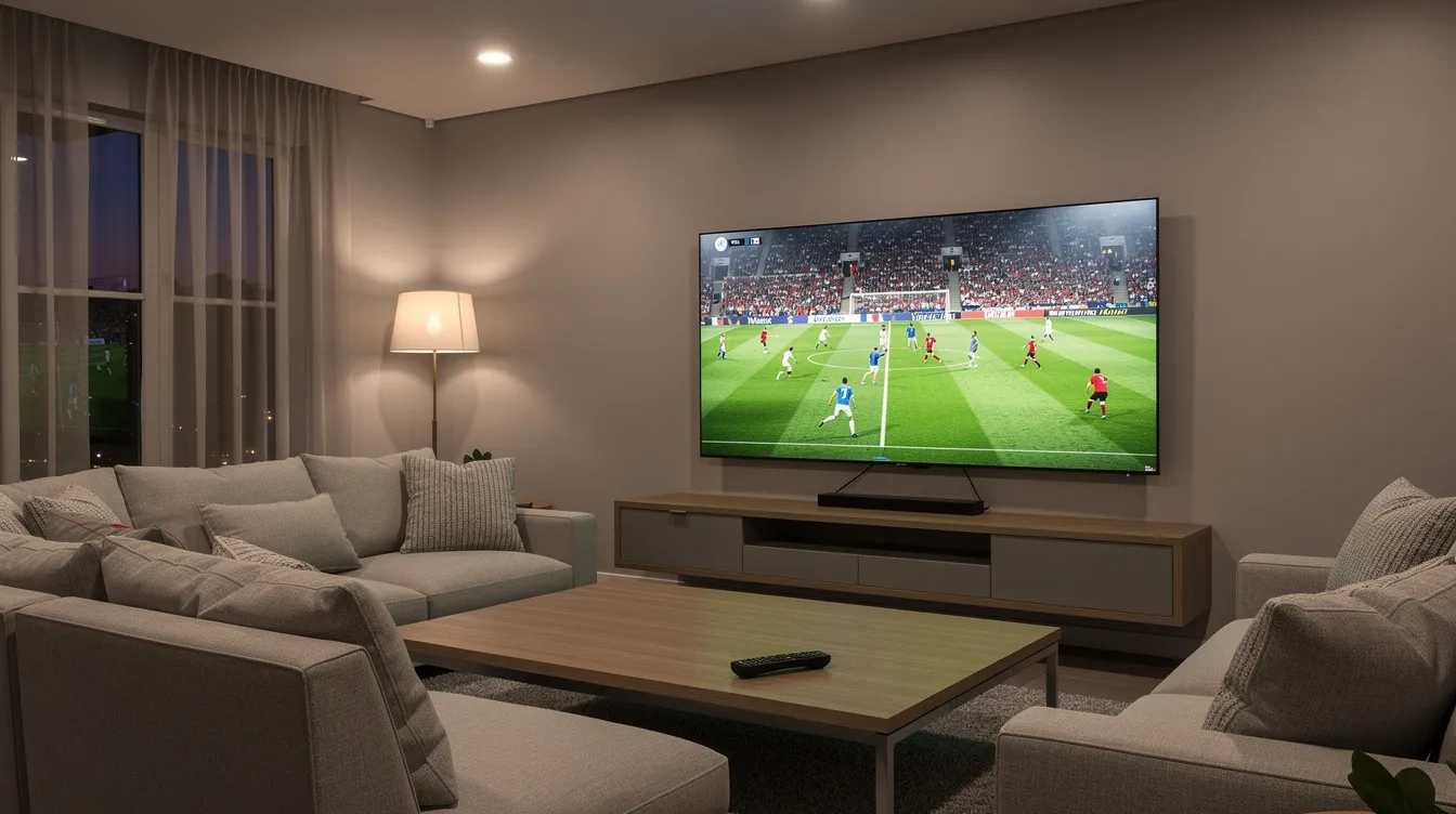 The image features a modern living room illuminated by soft evening lighting, with a large flat-screen TV showcasing a live soccer match. A streaming remote rests on the coffee table, highlighting the convenience of IPTV services for enjoying live sports and premium channels.