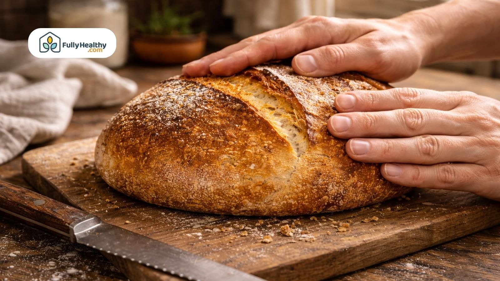 Hands checking freshness of crusty sourdough loaf on wooden cutting board