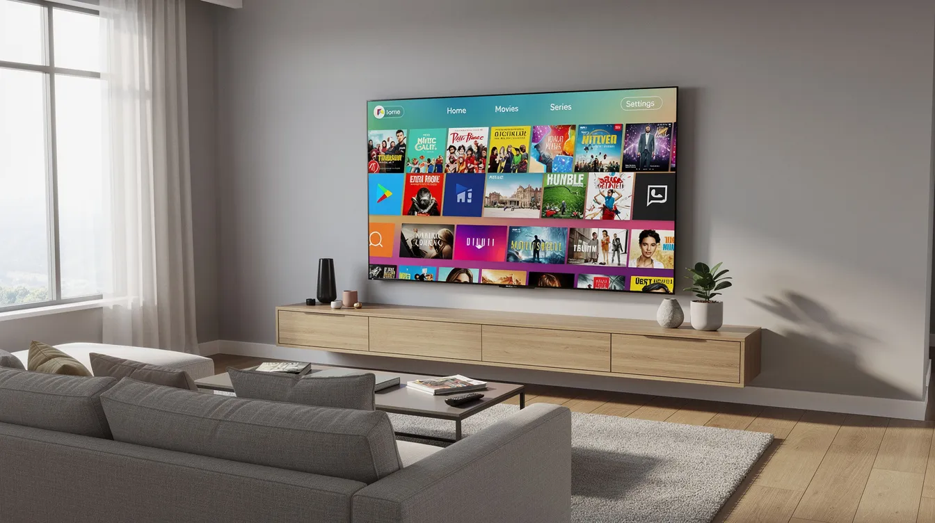 The image depicts a modern living room featuring a large flat screen smart TV, showcasing a vibrant streaming menu interface that highlights various IPTV channels and content options. This setup emphasizes the convenience of watching live TV and on-demand content through reliable IPTV service providers.