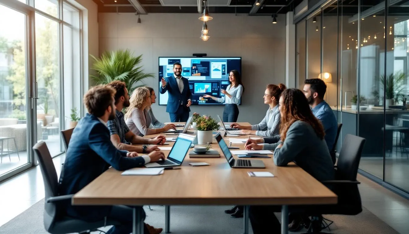 The image depicts a dynamic sales team engaged in discussions about marketing strategies tailored for various clients and startups, emphasizing digital marketing services that drive business growth. This collaborative environment showcases marketing experts brainstorming effective campaigns to attract new customers and support existing clients in achieving their business goals.