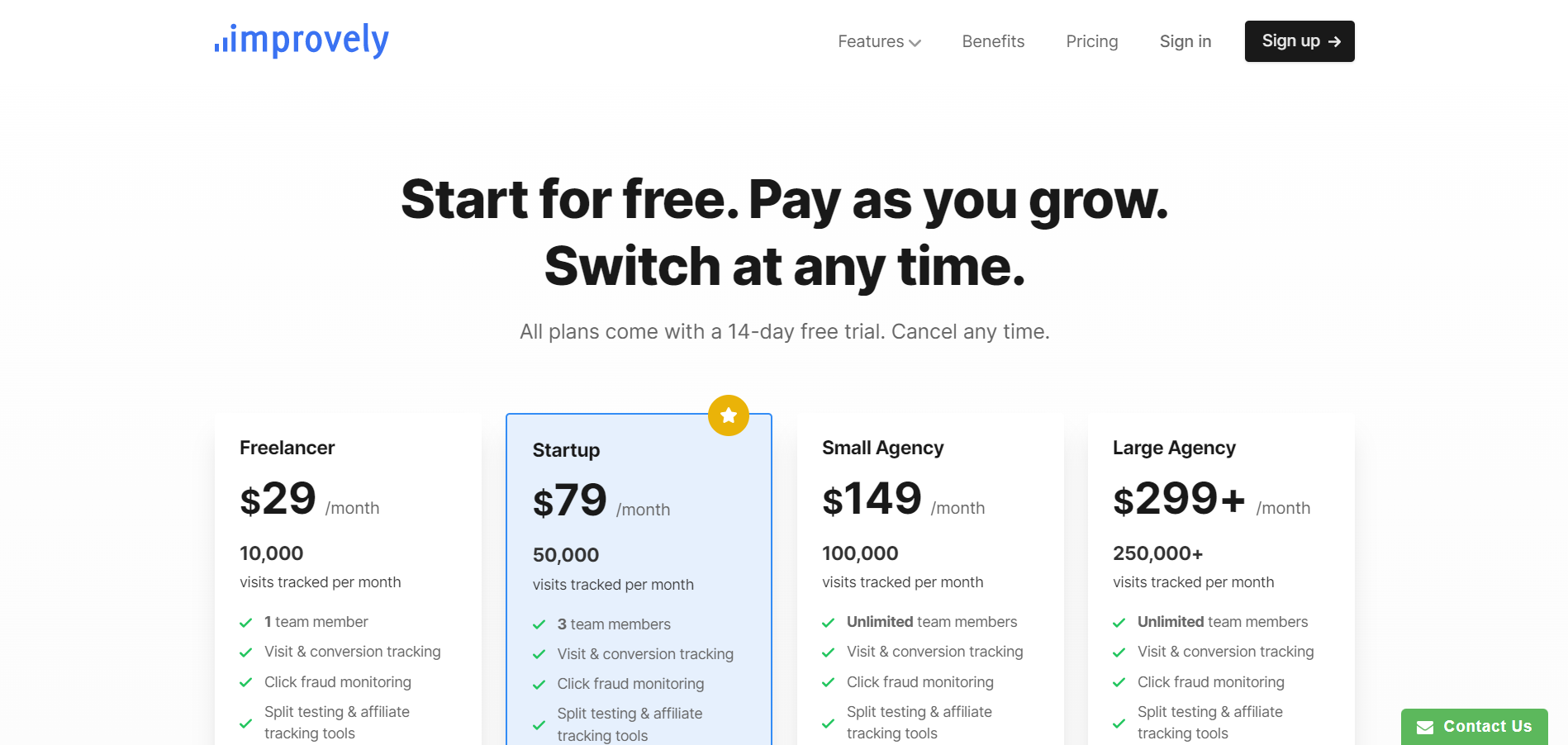 Improvely pricing page