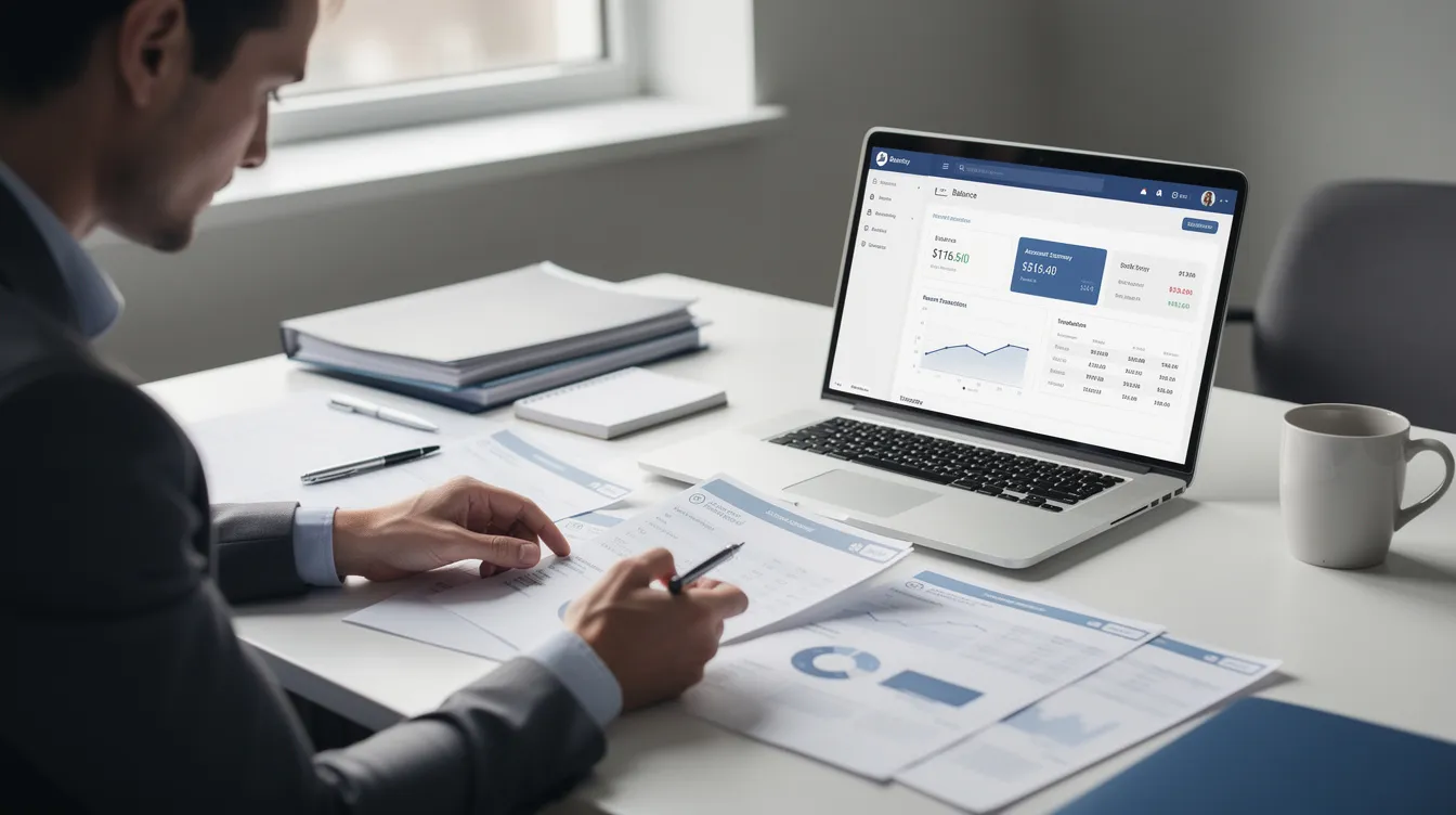 A person is seated at a desk, reviewing financial documents while a laptop displays a banking interface related to wire transfers. The scene emphasizes the importance of double-checking transaction details for both domestic and international payments to ensure secure money transfers.