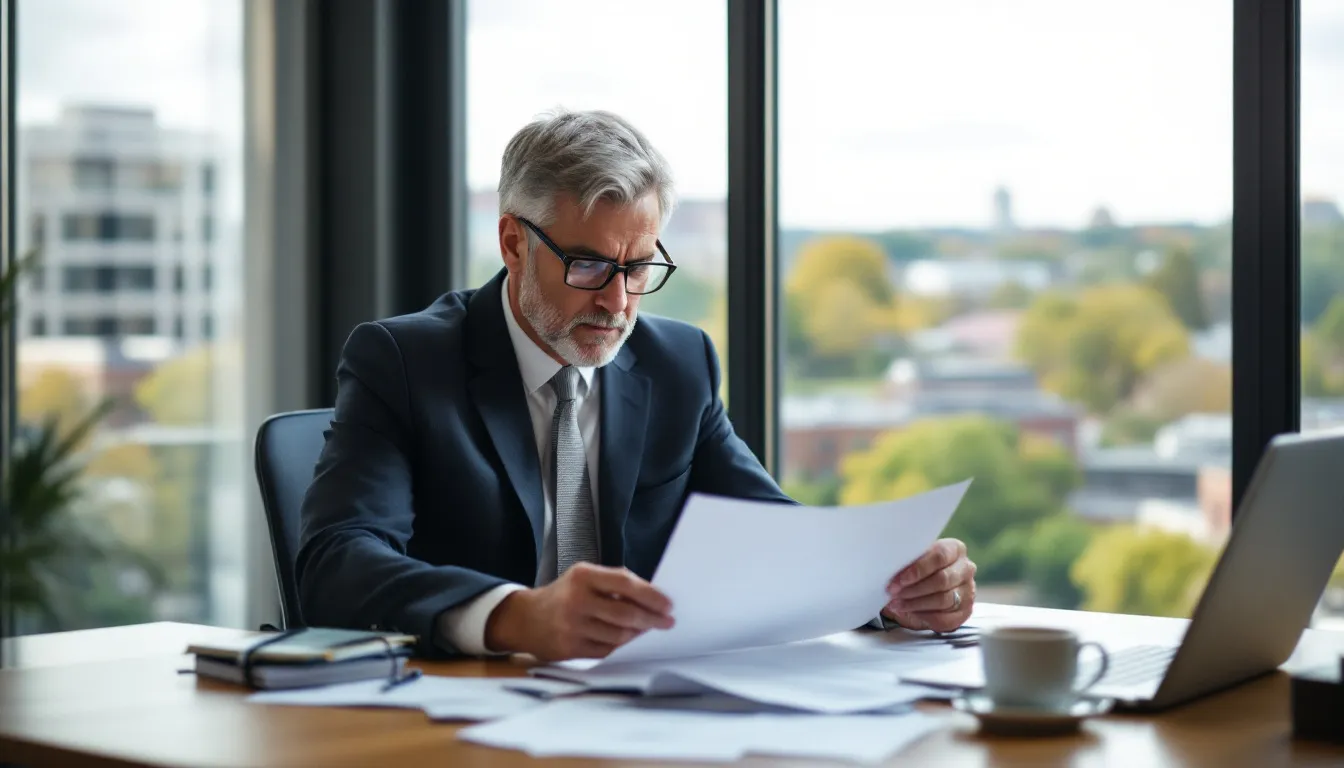 A lawyer is intently reviewing documents related to catastrophic injury claims, with scenic views of Durham, North Carolina, visible in the background. This setting emphasizes the importance of legal support for victims of severe injuries, such as traumatic brain injuries and spinal cord injuries, as they seek maximum compensation for their medical expenses and lost wages.