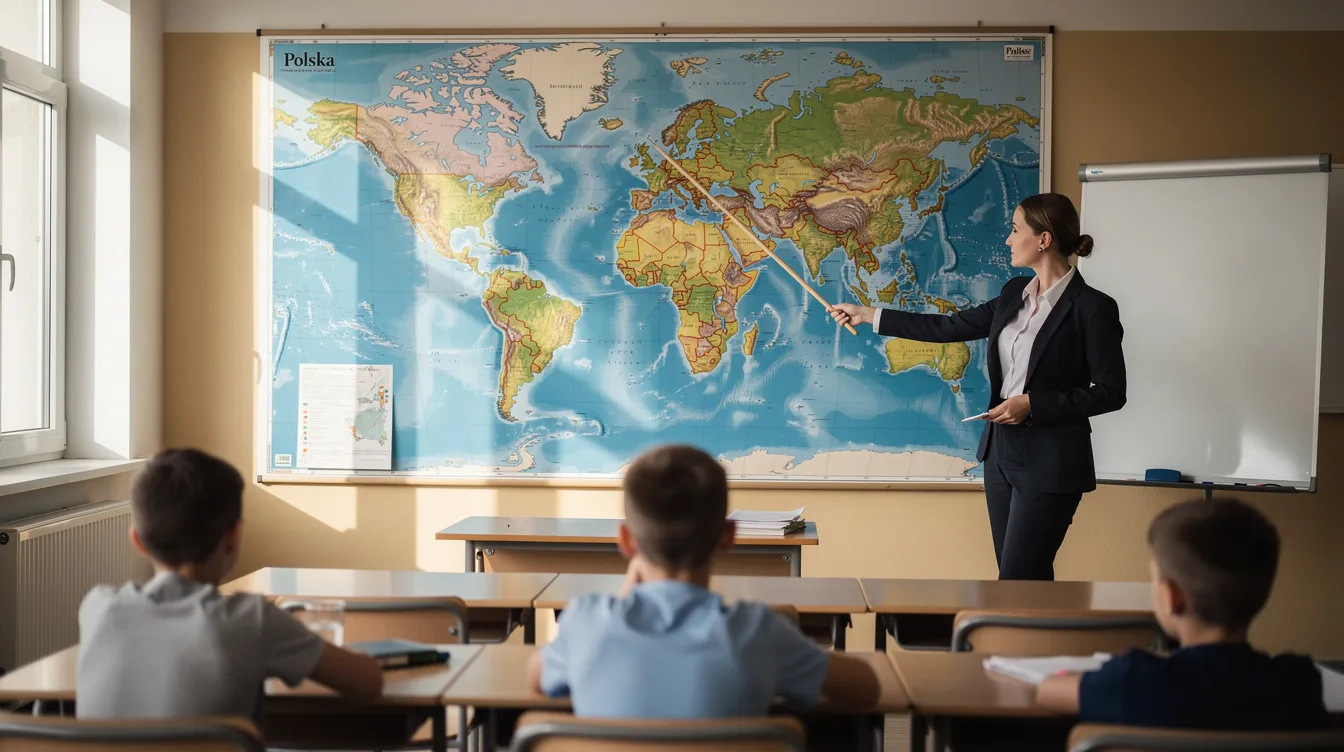 Nauczyciel wskazuje różne elementy na dużej mapie ściennej w klasie, pomagając uczniom zrozumieć zagadnienia z geografii w ramach sprawdzianu z geografii klasa 7, dział 1. Uczniowie uważnie obserwują, zadając pytania dotyczące omawianych tematów.