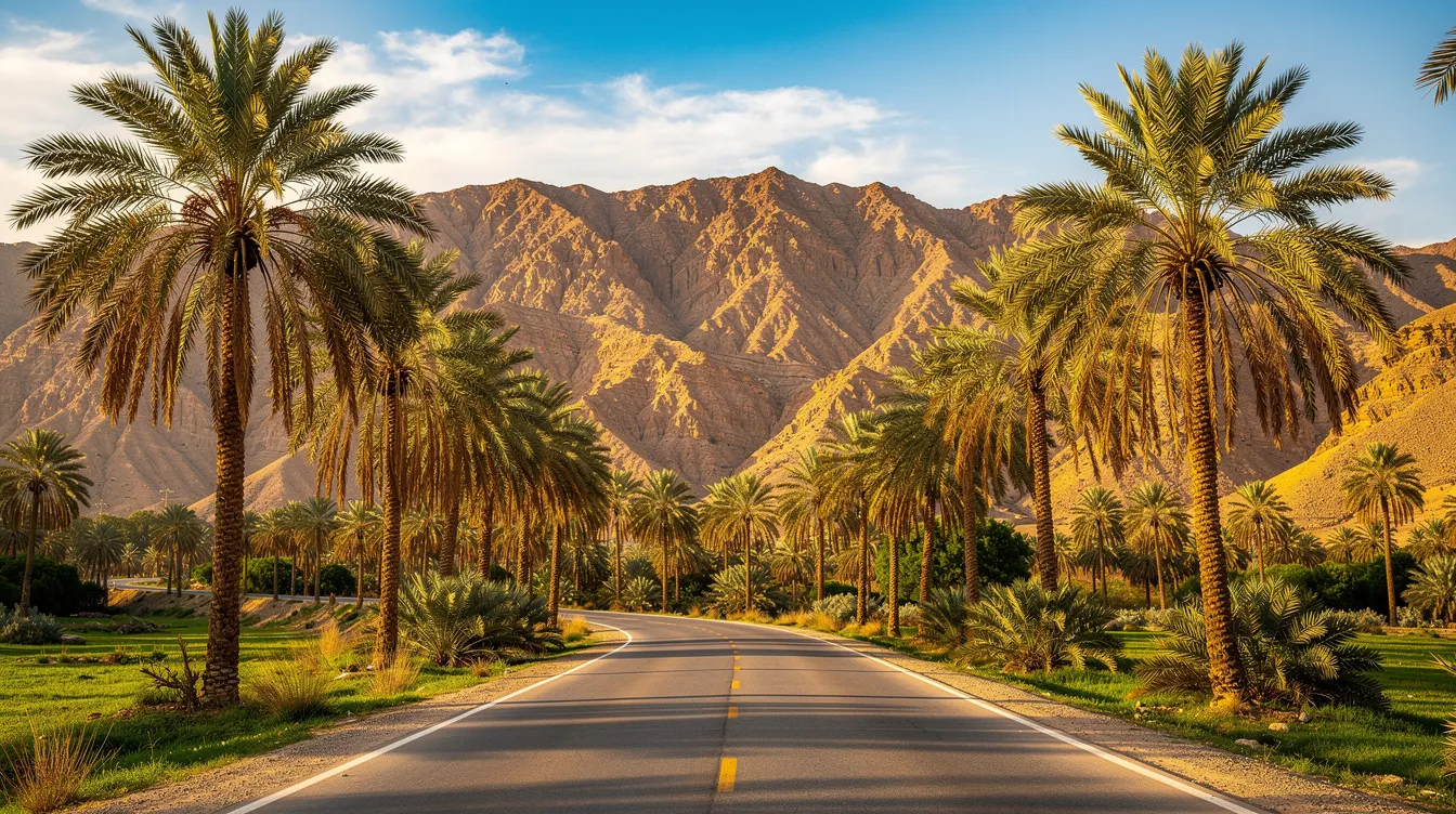 طريق فيها النخل على الجناب كتدوز من وادي خضر تحت جبال ناشفين.