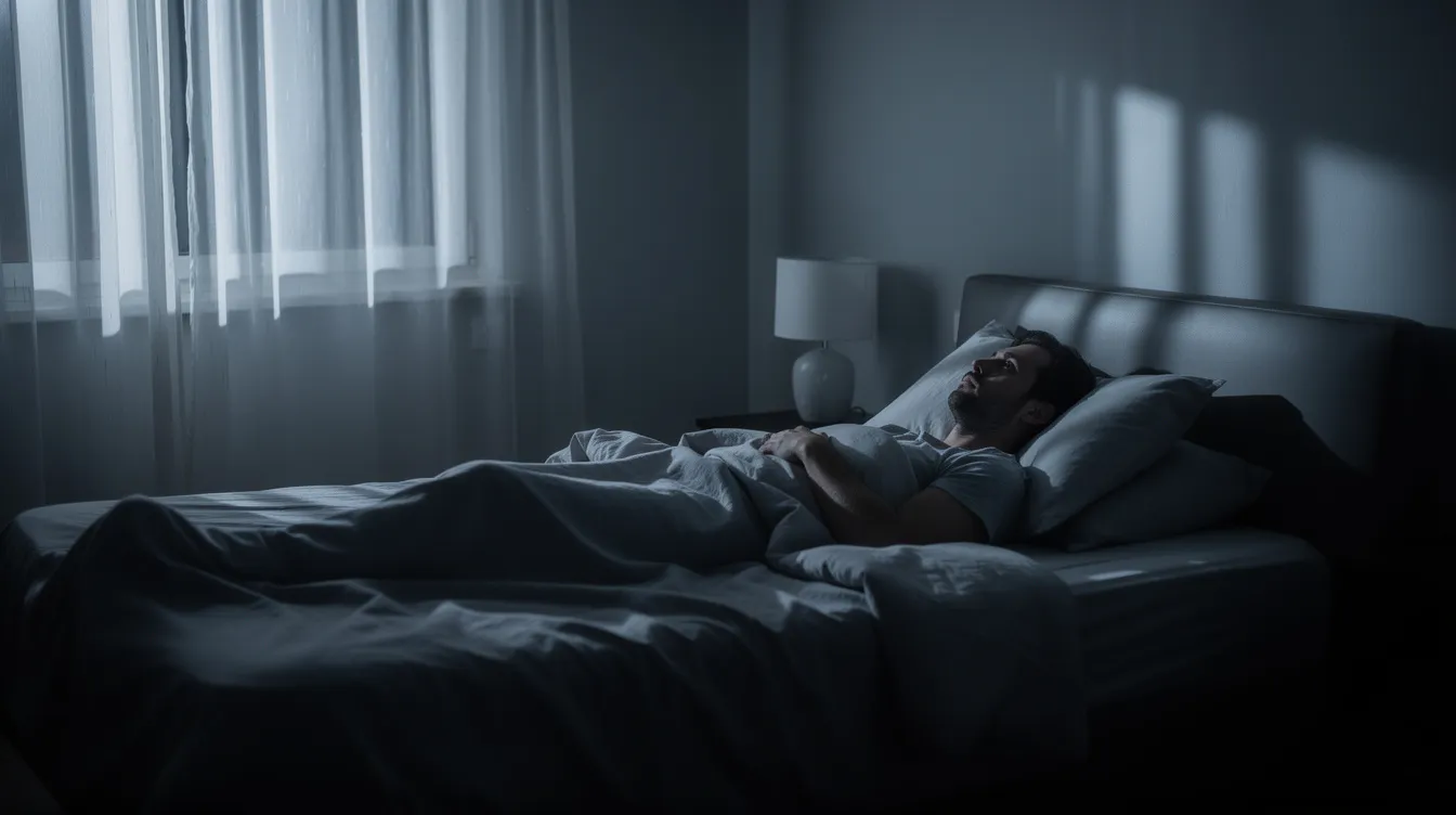 A person lies awake in bed at night, illuminated by soft moonlight filtering through the curtains, reflecting a moment of trouble sleeping and the struggle against insomnia symptoms in the middle of the night. The serene atmosphere contrasts with the potential for sleep disturbances, highlighting the challenges of achieving quality sleep.