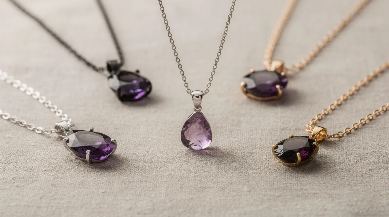This image features a beautifully designed dark amethyst necklace, showcasing a single faceted amethyst pendant that symbolizes calmness and clarity. The necklace is meticulously crafted with a delicate chain, making it a versatile piece for any jewellery collection.