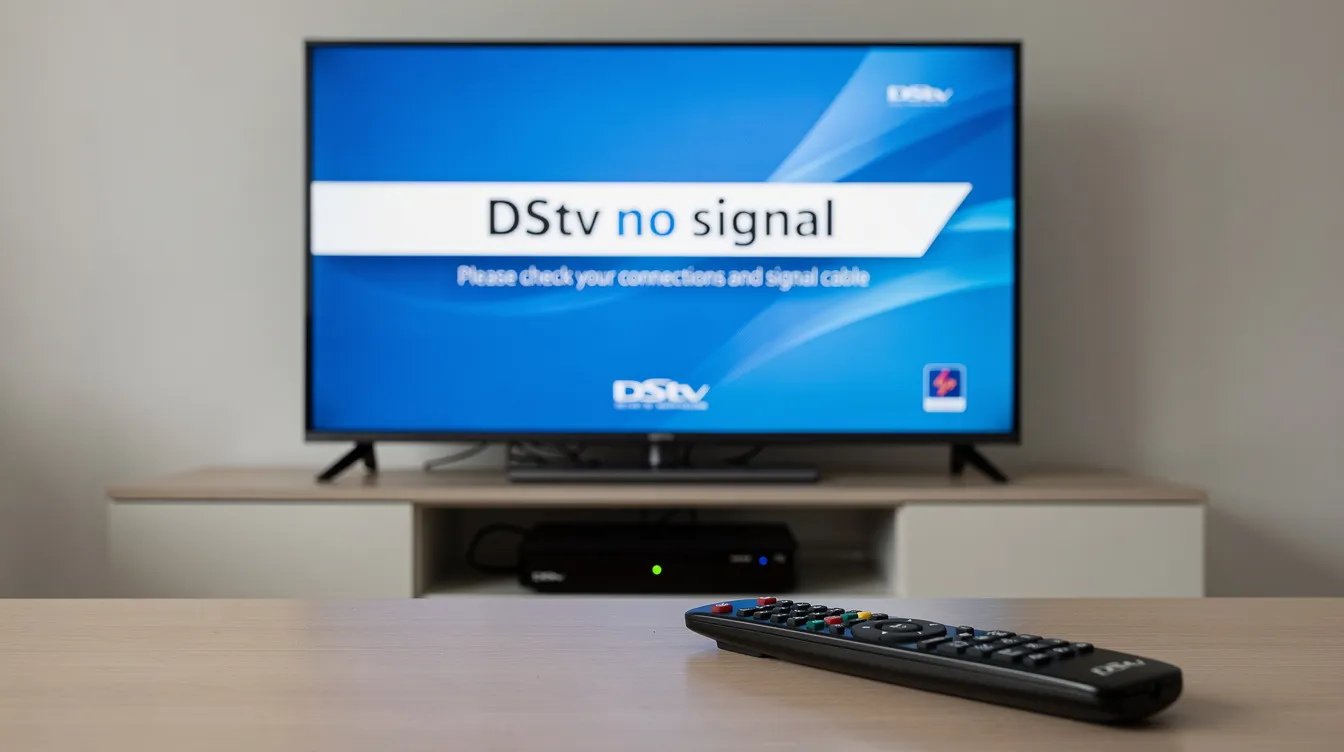 The image shows a DStv decoder screen displaying a "no signal" error message, indicating potential signal issues, alongside a remote control. This suggests that there may be problems with the satellite signal, possibly due to loose connections or dish misalignment.