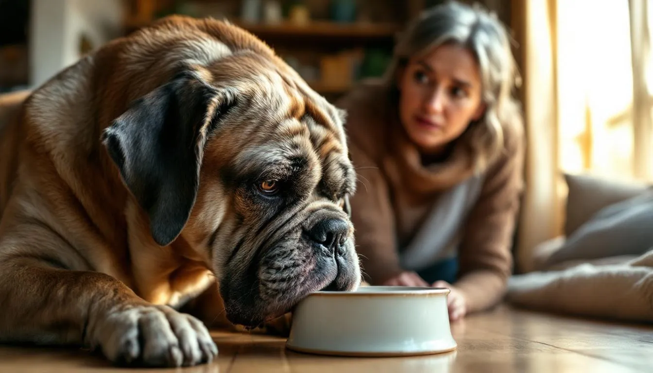 A senior dog is seen drinking from a water bowl, while its concerned owner watches closely, reflecting the potential worries of kidney disease in dogs. The scene highlights the importance of monitoring hydration and kidney function, especially in older dogs facing chronic kidney disease.