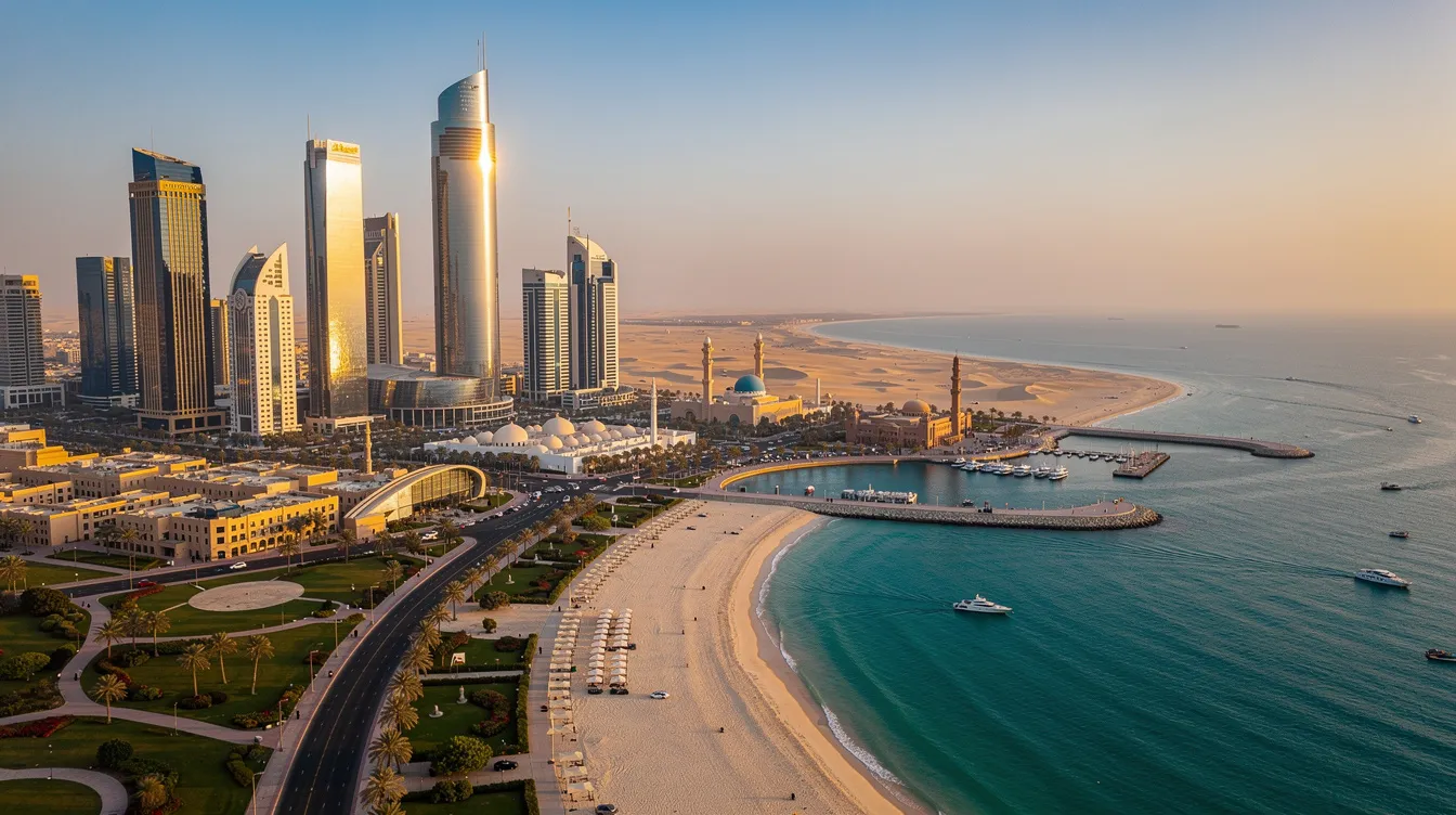 A imagem retrata a impressionante cidade de Abu Dhabi, capital dos Emirados Árabes Unidos, com seus modernos arranha-céus e palácios, refletindo a rica história e cultura da região do Oriente Médio. Ao fundo, é possível ver o famoso Burj Khalifa, símbolo do desenvolvimento e da economia dos Emirados.