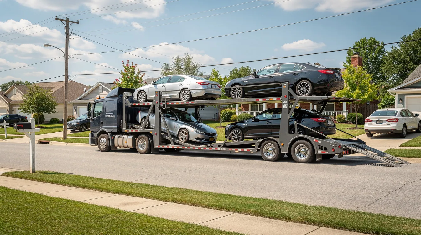 A car carrier truck is parked on a quiet suburban residential street, ready to provide reliable auto transport services for vehicles. This truck represents the best car shipping companies, ensuring safe and efficient delivery for cars in Ann Arbor, Michigan.
