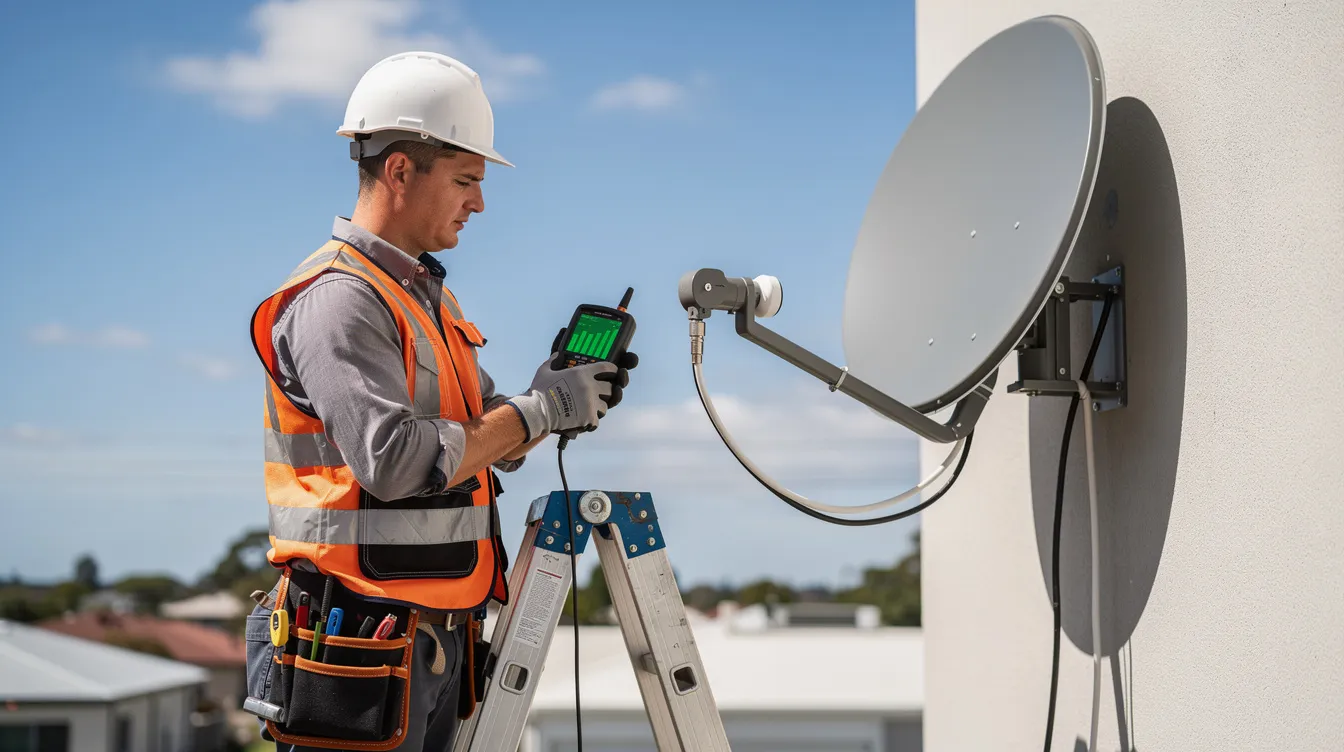 A skilled technician is using a satellite signal meter to ensure the proper alignment of a satellite dish, crucial for achieving optimal signal quality for DSTV installation services. This professional service is essential for uninterrupted viewing and efficient installation in Claremont.