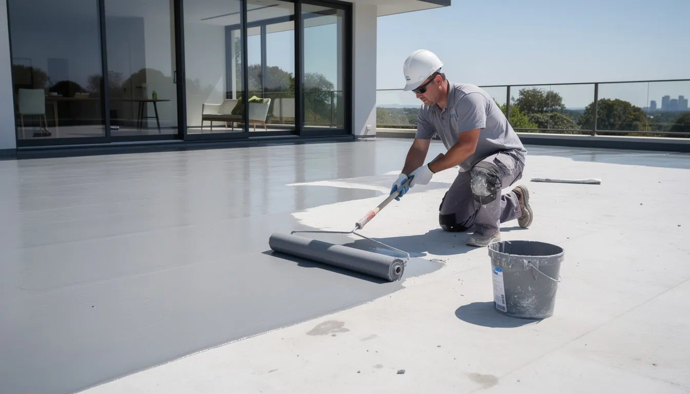 A professional waterproofing contractor is meticulously applying a waterproofing membrane to a deck surface, showcasing their expertise in waterproofing solutions for both commercial and residential projects. This precise application is crucial for preventing leaks and ensuring the structural integrity of the building.