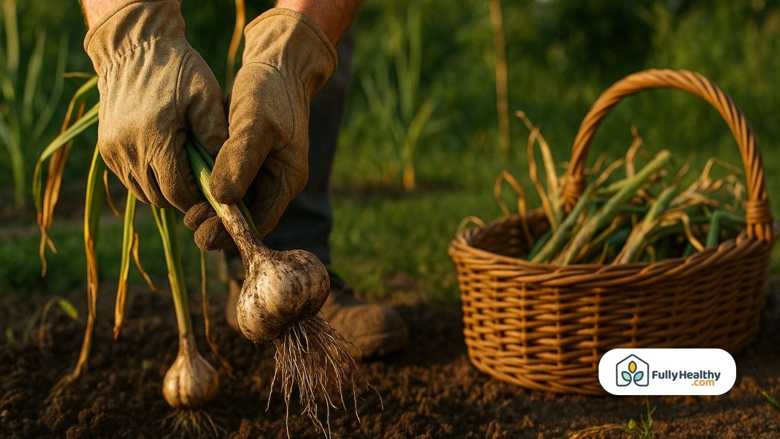 Farmer pulling fresh garlic bulbs with basket in the background