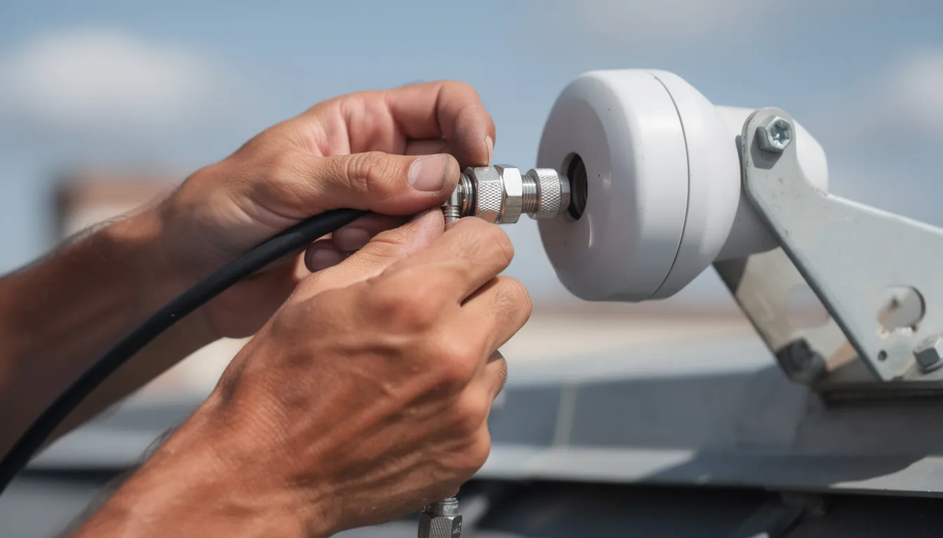 A close-up view of skilled hands connecting coaxial cables and adjusting a satellite LNB, showcasing the expertise of a professional DSTV installer in Kenilworth. This image highlights the intricate work involved in DSTV installation and repair services, ensuring optimal signal quality for seamless viewing.
