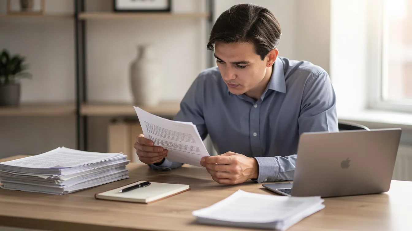 14e6b703 8afa 4dee adcc cc95a99101b0 The image depicts a person sitting at a desk, carefully reviewing various paper documents, including bank statements and utility bills, which are essential for applying for a business loan under the Pradhan Mantri Mudra Yojana. This scene highlights the importance of thorough preparation and documentation for entrepreneurs seeking financial assistance to expand their small businesses.
