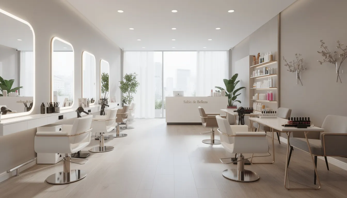 El interior de un salón de belleza moderno muestra estaciones de trabajo organizadas, con buena iluminación que resalta el ambiente acogedor. Este espacio está diseñado para ofrecer un servicio eficiente y cómodo a los clientes, facilitando la programación de citas y la comunicación a través de WhatsApp para negocios.
