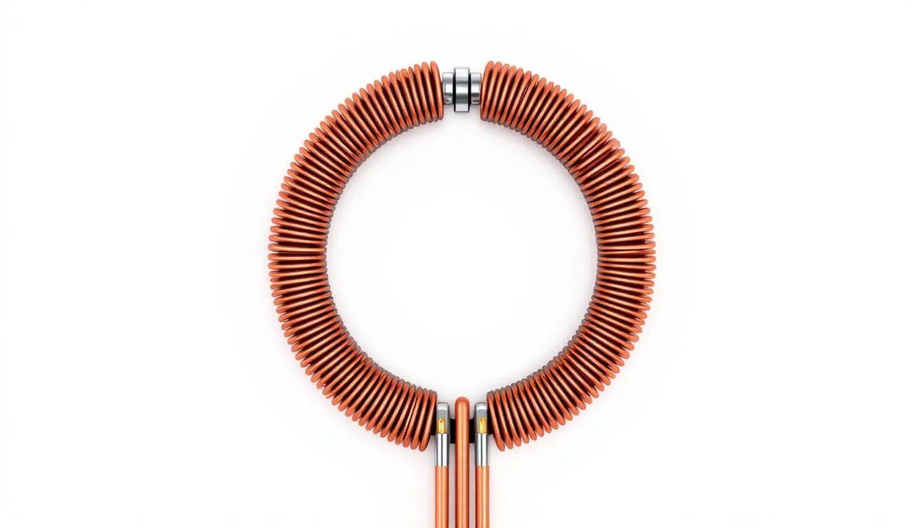 The image depicts two circular coils, known as Helmholtz coils, aligned on the same axis with electrical connections visible. These conducting circular coils are designed to generate a nearly uniform magnetic field when current flows through them.