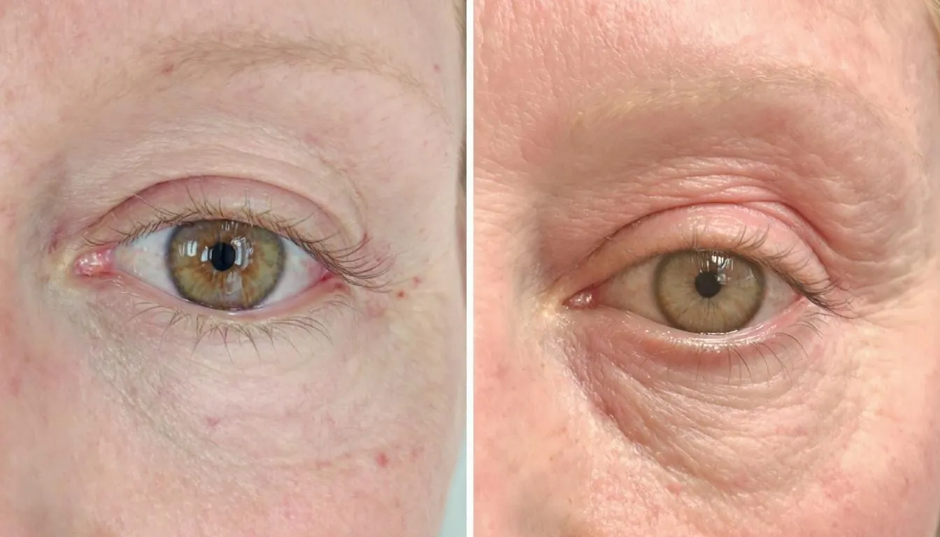 Un primer plano de unos ojos que muestra los párpados antes y después del tratamiento con láser CO2, destacando la mejora en la textura de la piel y la eliminación de arrugas y exceso de piel. Este procedimiento de blefaroplastia resalta la rejuvenecimiento de la mirada del paciente, evidenciando resultados significativos tras la cirugía.
