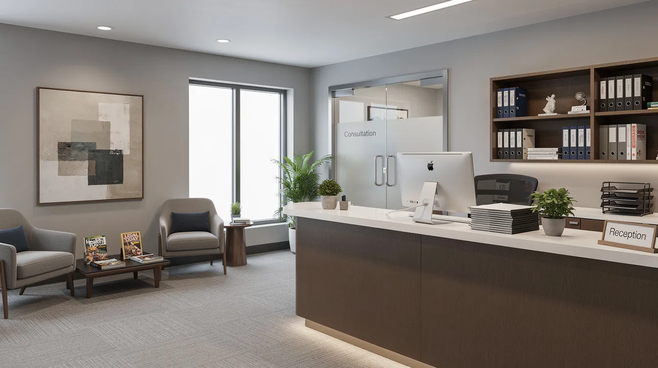 The image depicts a modern office interior of a professional medical practice or law firm, showcasing sleek furniture and a clean, organized workspace. The environment suggests a focus on financial planning and retirement savings, with subtle elements indicating the presence of financial advisors ready to assist clients with retirement plans and investment options.