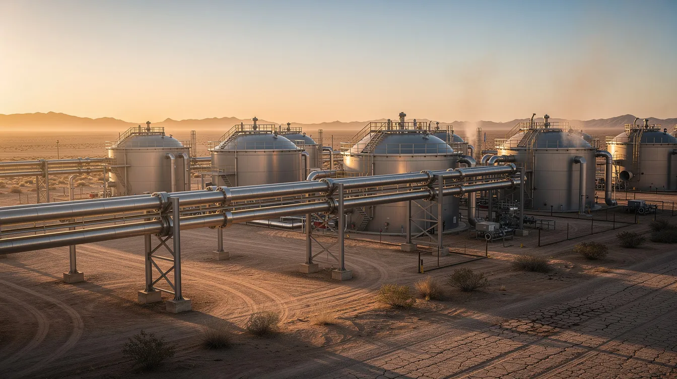 The image depicts an industrial facility featuring numerous pipelines and large storage tanks set against a dry, arid landscape, highlighting the infrastructure involved in carbon capture and storage projects. This scene reflects the ongoing efforts in carbon capture technology aimed at reducing greenhouse gas emissions and promoting environmental protection.