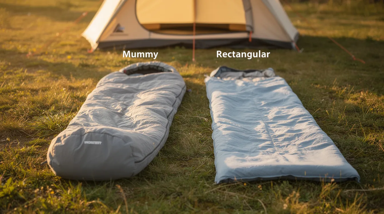 The image shows a mummy-shaped sleeping bag liner and a rectangular sleeping bag liner laid out side by side on a camping ground, highlighting the differences in shape and design. This comparison illustrates how each liner offers unique benefits for various camping conditions, such as warmth and comfort during chilly nights or hot weather.