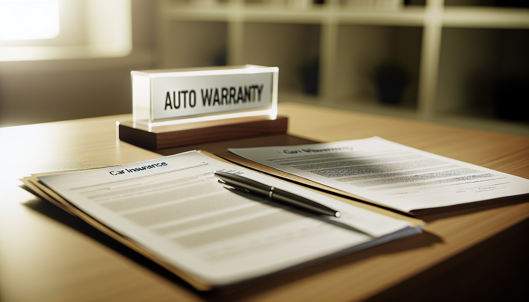 Car insurance and car warranty documents on a desk