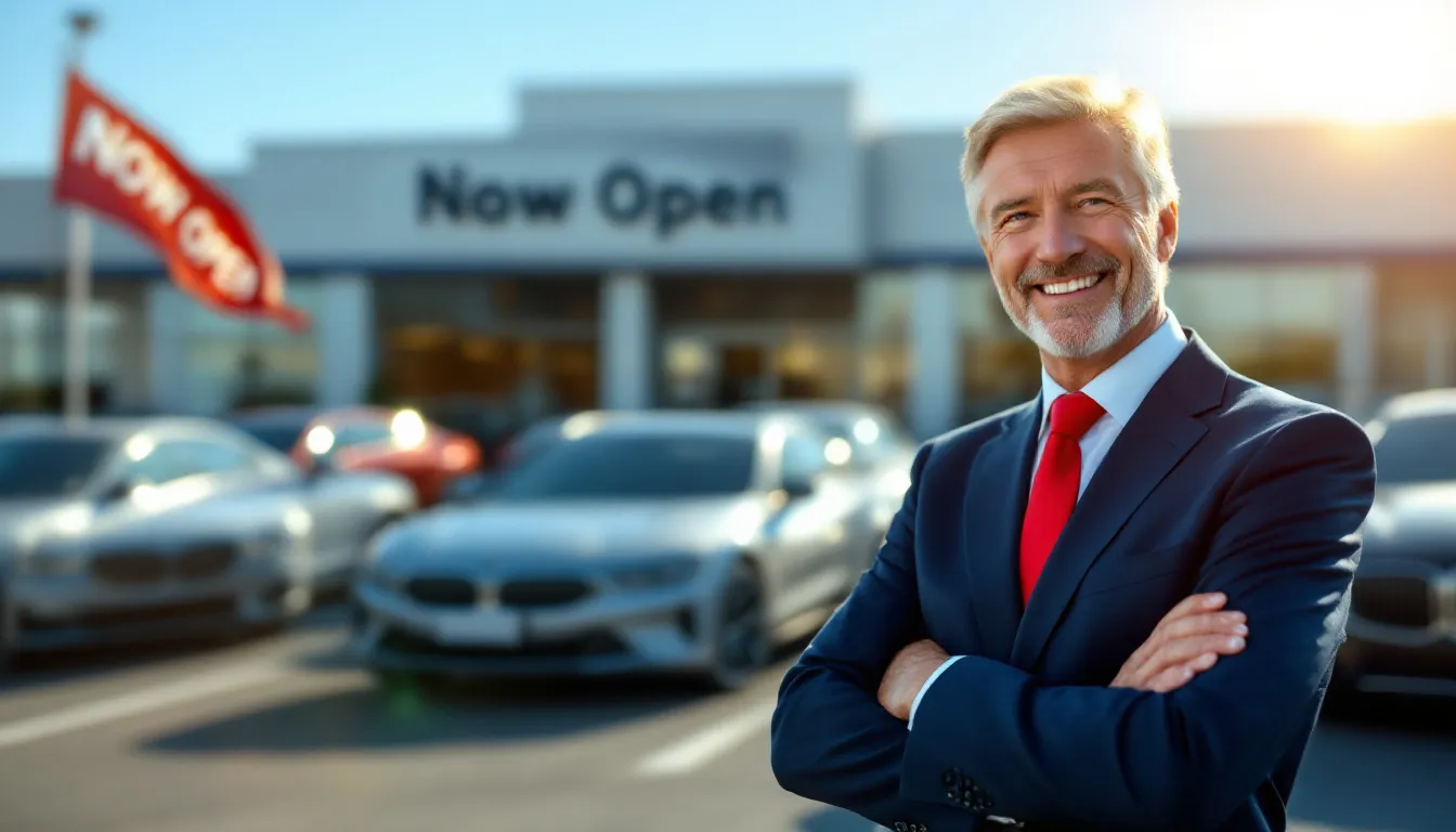 A small business owner stands confidently on the lot of his car dealership, surrounded by new and used vehicles, as he smiles at the camera, feeling successful after securing business financing for his auto dealership. The image captures the essence of the car dealership industry, highlighting the importance of small business loans and financing options for auto repair shops and dealerships.