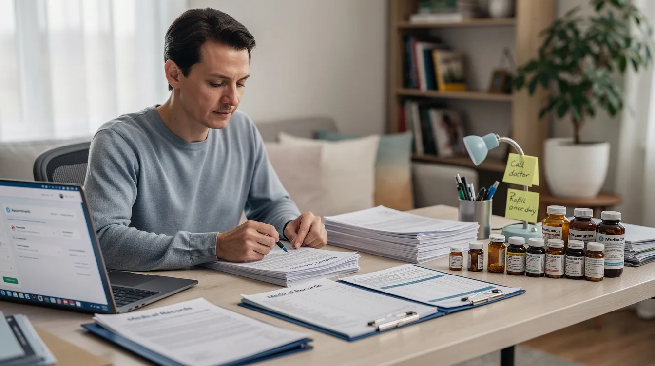 The image shows a person organizing various medical documents and prescription bottles on a home desk, highlighting the importance of safe medication practices to prevent medication errors. This scene emphasizes the need for careful management of medical information to avoid potential medical malpractice and ensure patient safety.