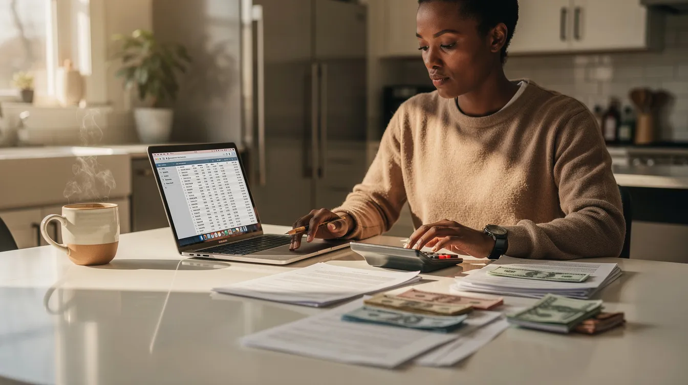 The image shows a person sitting at a kitchen table, focused on a laptop and a calculator as they work through financial planning. The scene suggests they are analyzing various aspects of personal finance, possibly considering options like home equity loans, HELOC rates, and monthly payments.