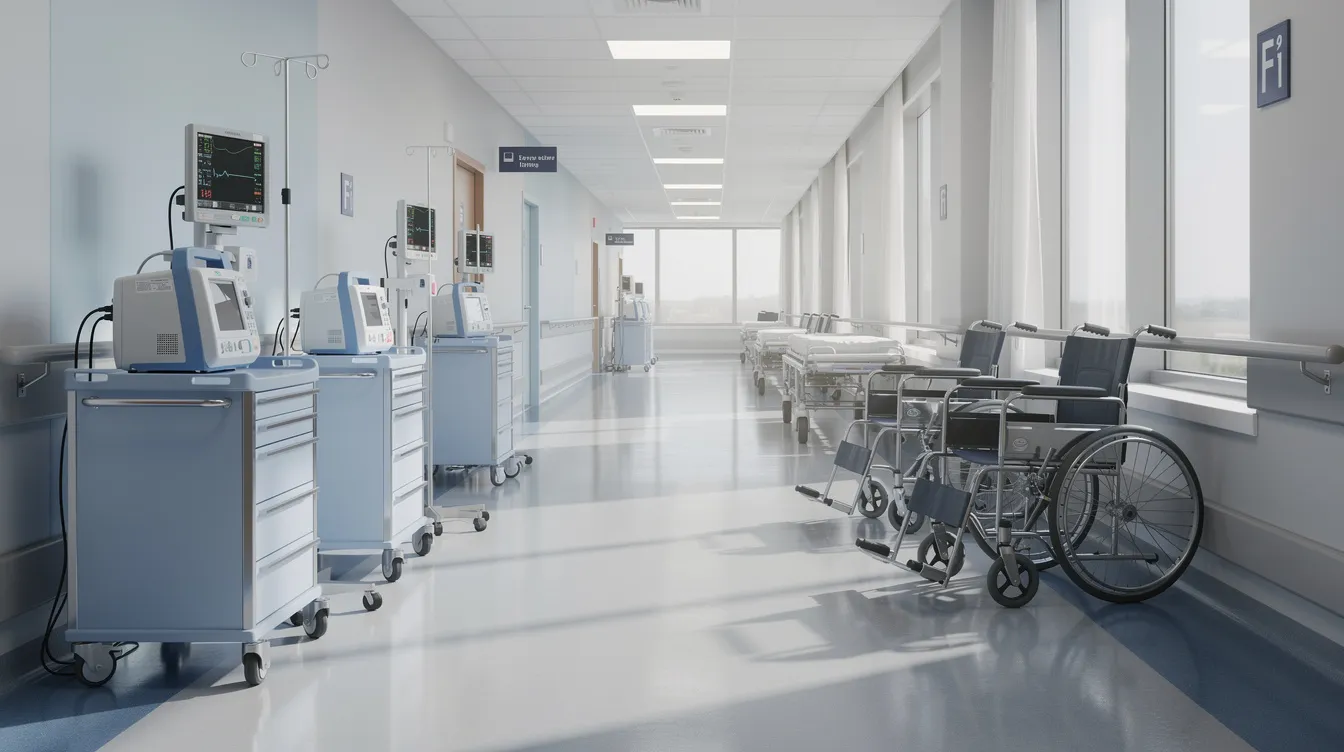 The image depicts a hospital corridor bathed in natural light, with medical equipment lining the walls, suggesting a setting where healthcare providers attend to patient needs. This environment could be relevant in discussions about medical malpractice and hospital negligence, emphasizing the importance of adhering to accepted medical standards.