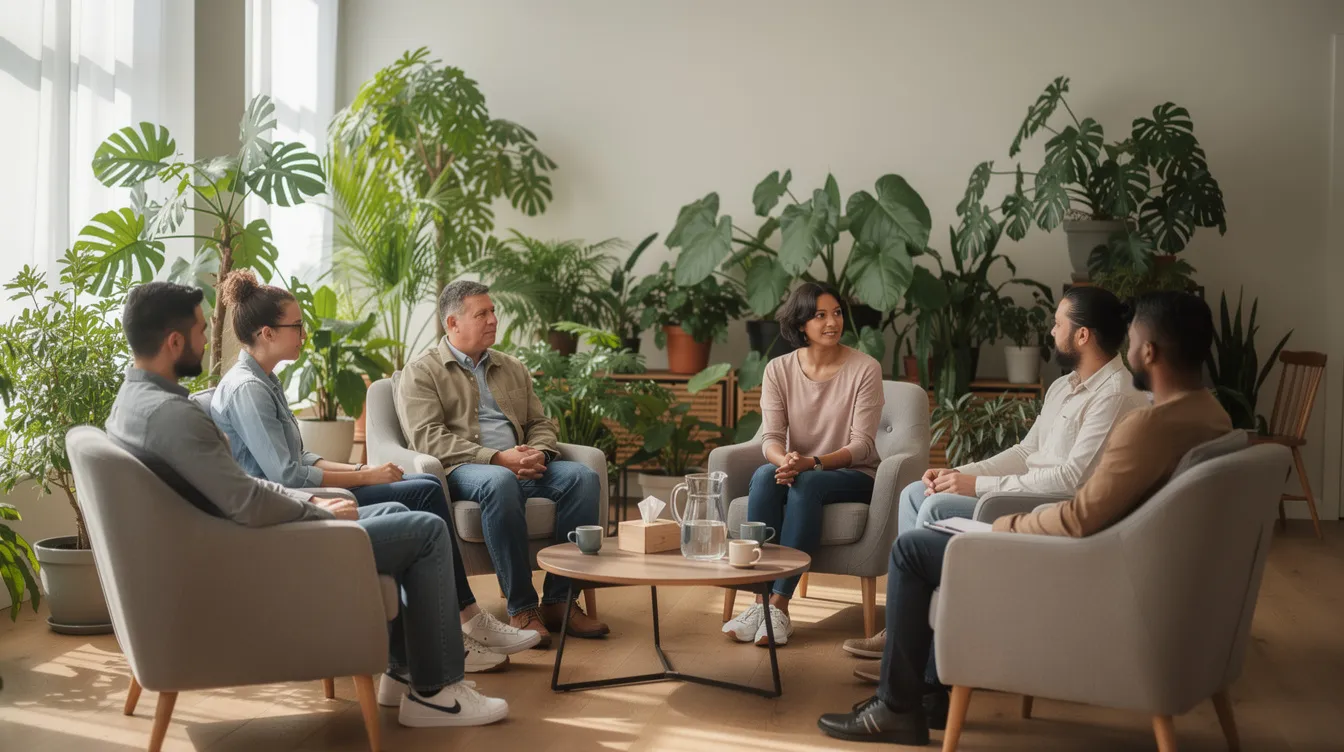 A small group of people is seated in a circle within a bright therapy room filled with plants, engaging in a supportive group therapy session aimed at addressing mental health issues such as borderline personality disorder. The environment fosters healing and recovery, facilitated by experienced professionals who guide participants in developing coping skills and improving relationships.