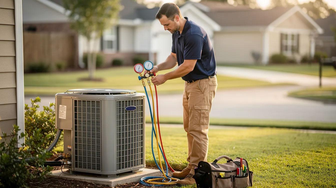 An HVAC technician in a navy shirt and tan pants is using pressure gauges to assess an air conditioning system in a residential neighborhood, ensuring it operates efficiently. The scene captures the tech's expertise in maintaining various types of air conditioners, highlighting the importance of proper service for enjoying cool air indoors.