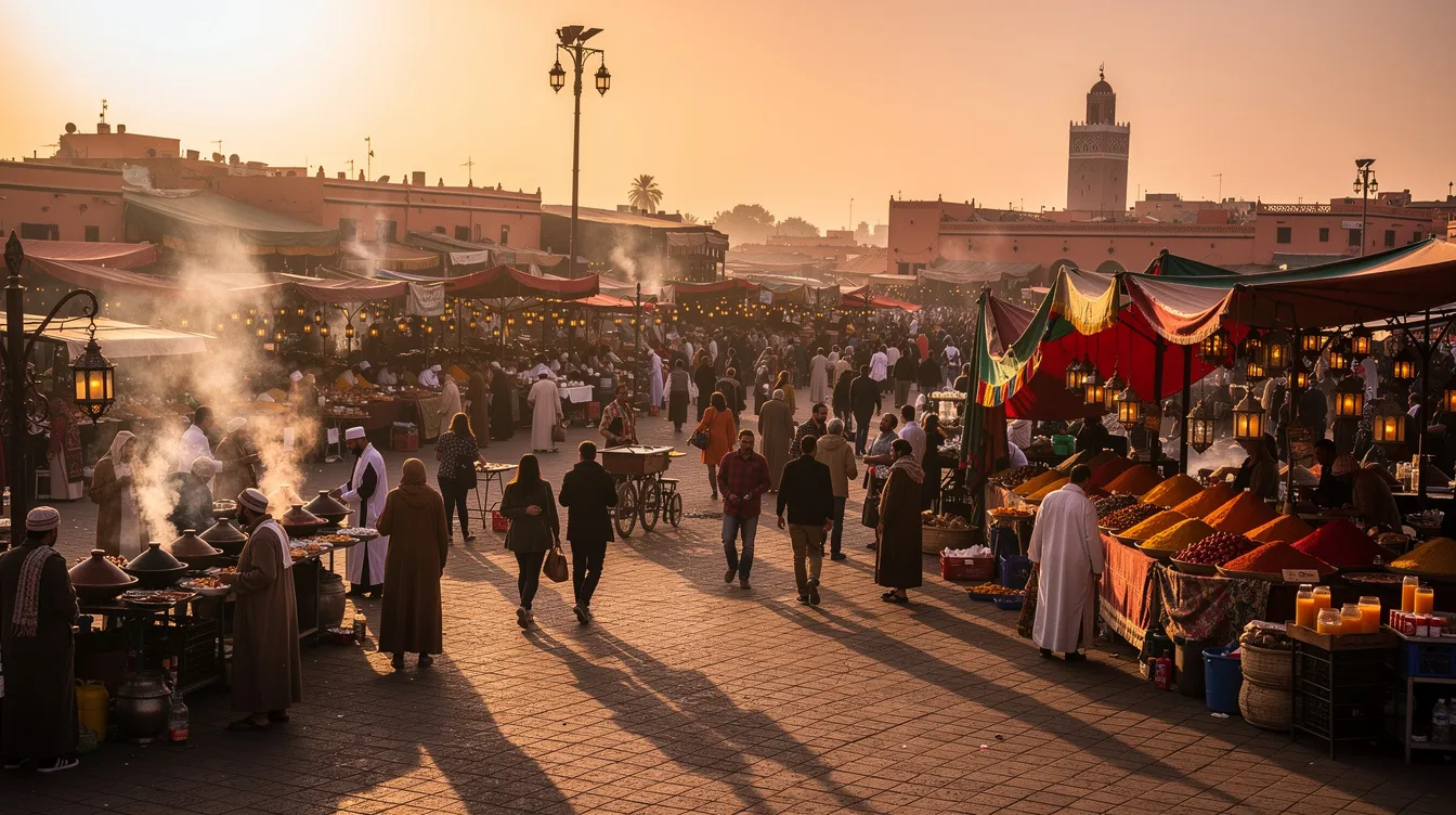 The image captures the vibrant Jemaa el-Fnaa square in Marrakech, bathed in warm evening light, with bustling food stalls and crowds enjoying the pleasant weather. This lively atmosphere makes it a great time to visit Morocco, especially in September when daytime temperatures are comfortable for exploring historical sites and indulging in local customs.