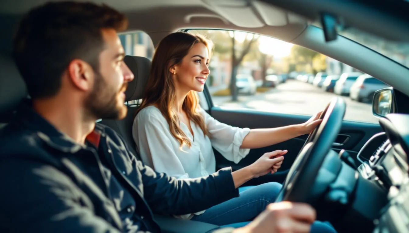 En la imagen se observa a un instructor de autoescuela sentado en el asiento del copiloto, enseñando a una alumna a conducir en un coche equipado con doble pedal. Esta escena representa una clase de conducción, parte del proceso para obtener el carnet de conducir en España.