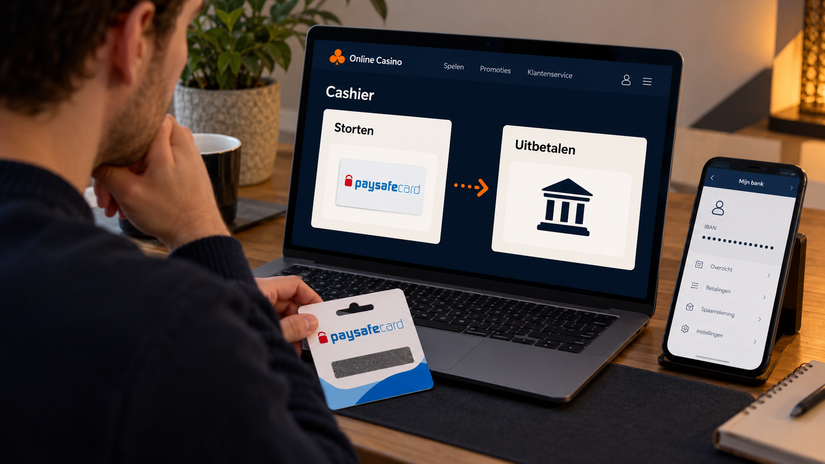 Casinokassa toont storten met Paysafecard en uitbetalen naar een bankrekening.