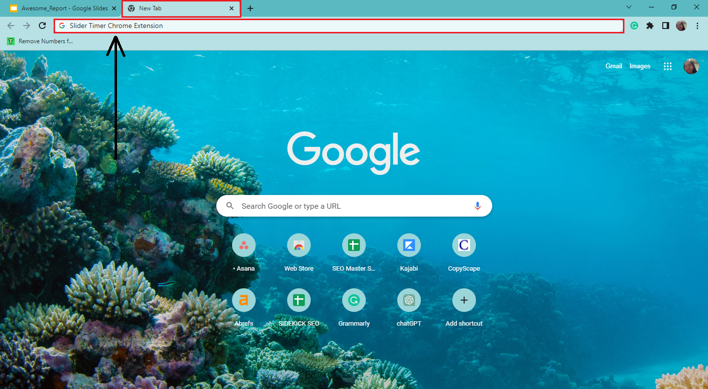 On your address bar, type "Slides Timer Chrome Extension"