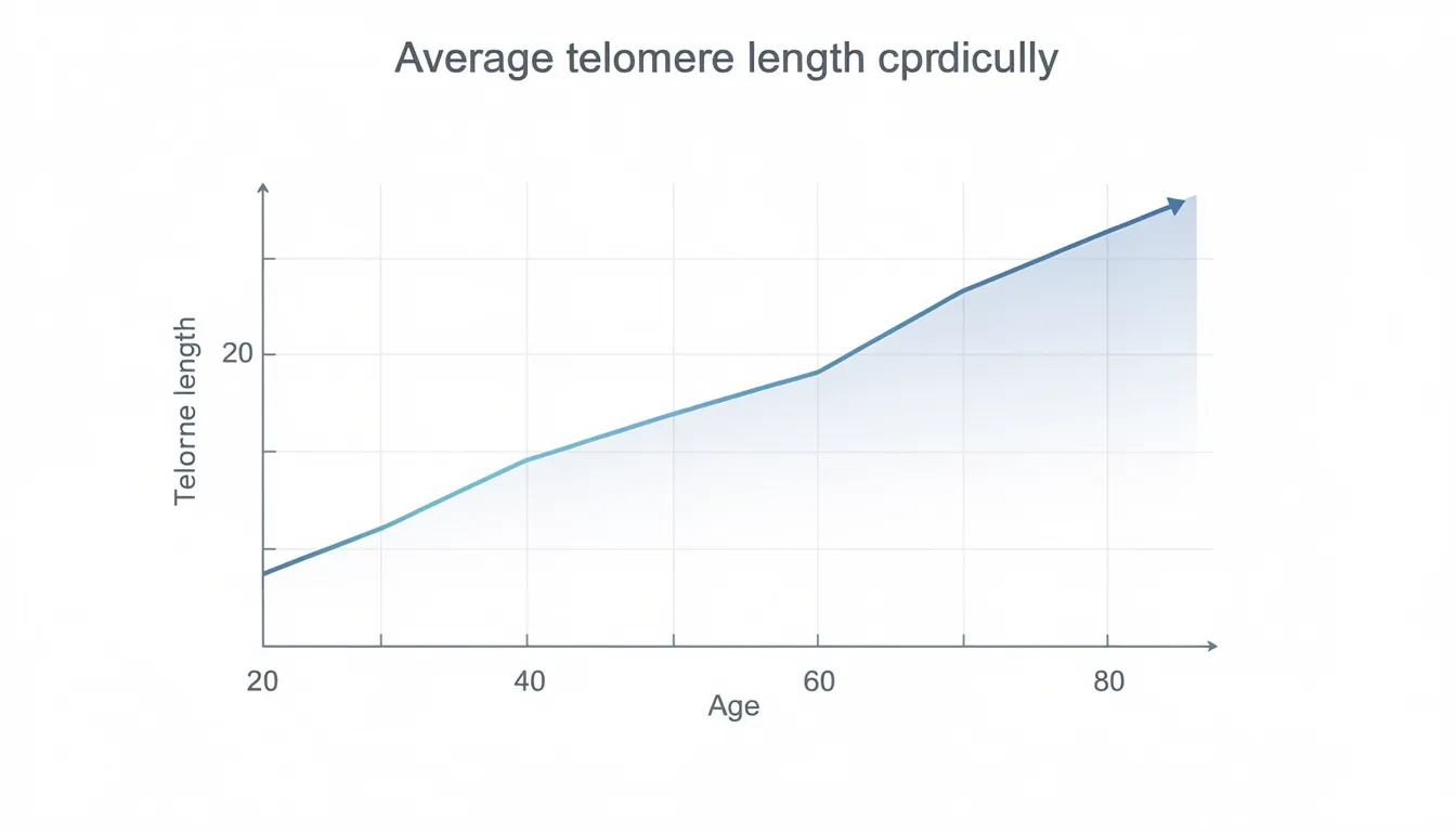 The image depicts a simple chart illustrating the gradual decline of telomere length from young adulthood to older age, highlighting the process of telomere shortening that occurs as human cells age. This visual representation emphasizes the biological aging process and its implications for health, including the increased risk of age-related diseases.