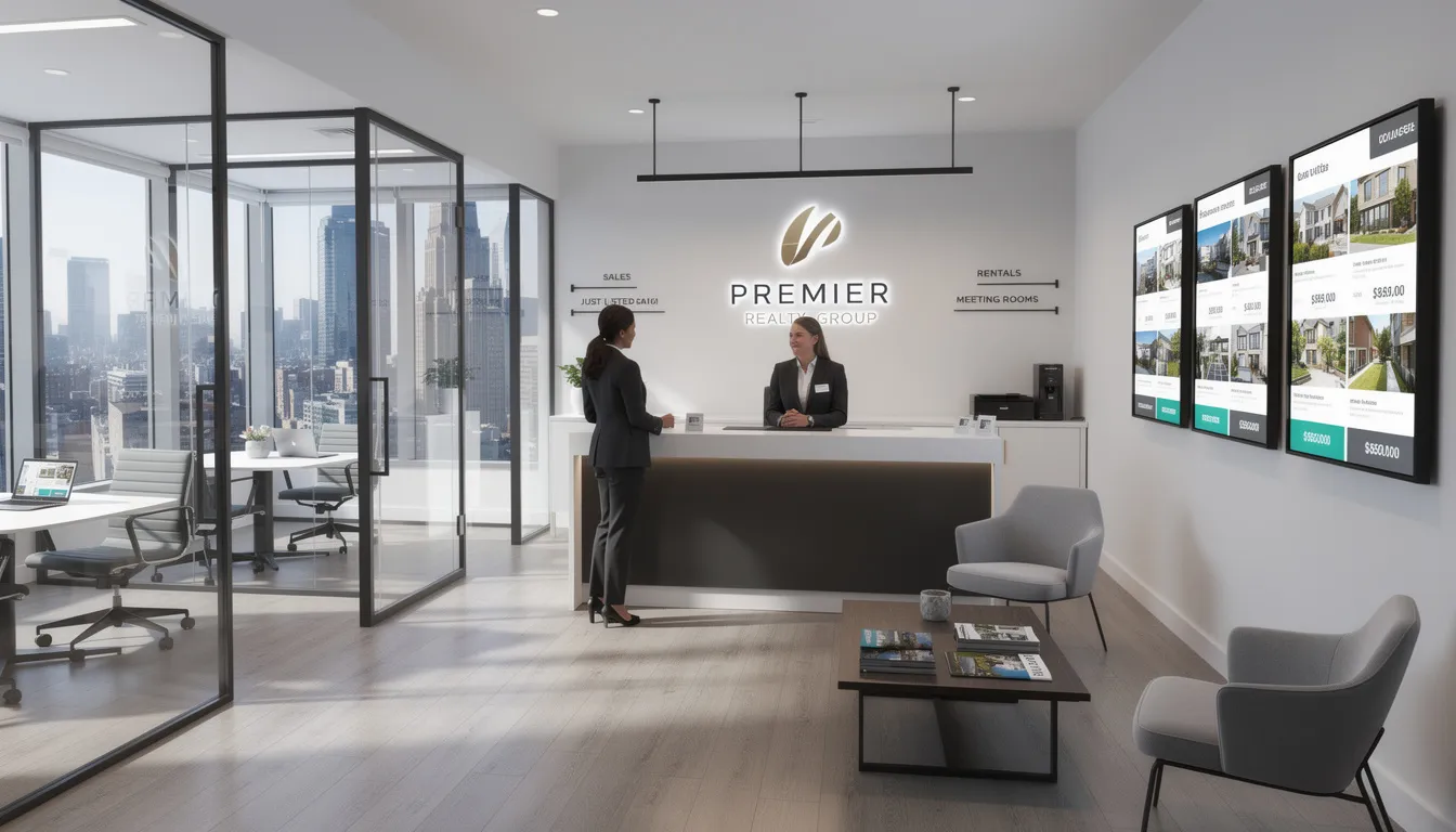 The image depicts a diverse team of real estate agents collaborating in a modern office space, surrounded by marketing materials and branding guidelines that reflect their strong brand identity. They are discussing strategies to connect with potential clients and enhance their digital presence across various platforms, emphasizing the importance of a consistent brand story in the competitive real estate industry.