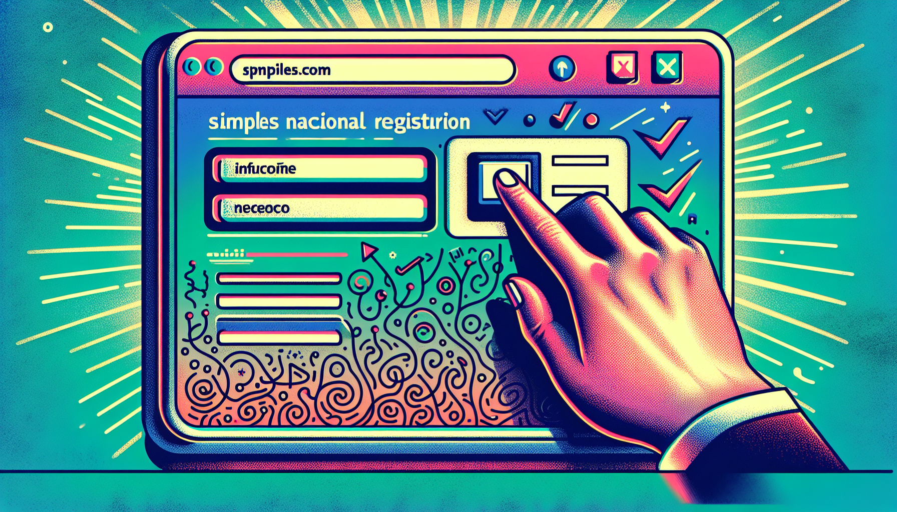 Ilustração de um computador com o site de inscrição no Simples Nacional na tela