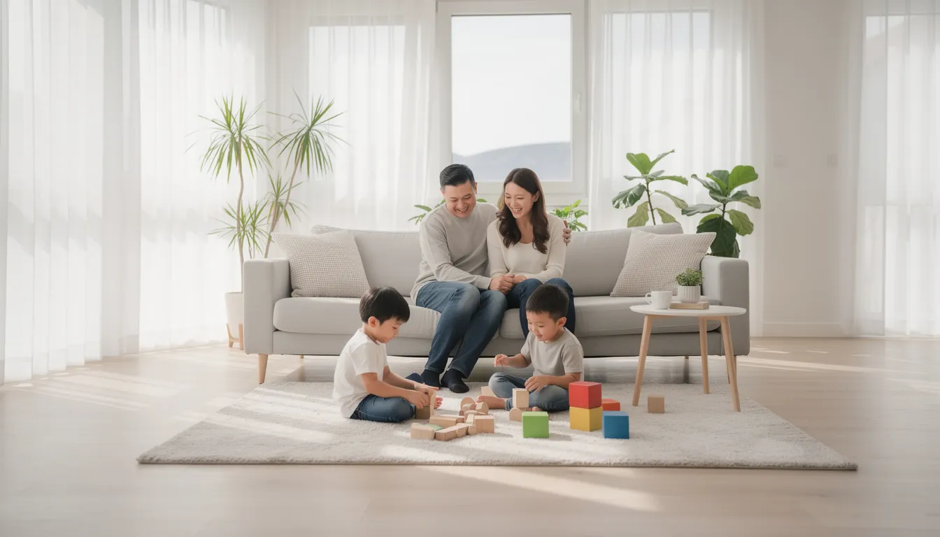 A happy family is gathered together in a bright, clean home, enjoying quality time while engaging in activities like playing games and sharing laughter. This image highlights the importance of a healthy environment, free from the harmful effects of smoking and secondhand smoke, which can lead to chronic lung disease and cardiovascular health issues.