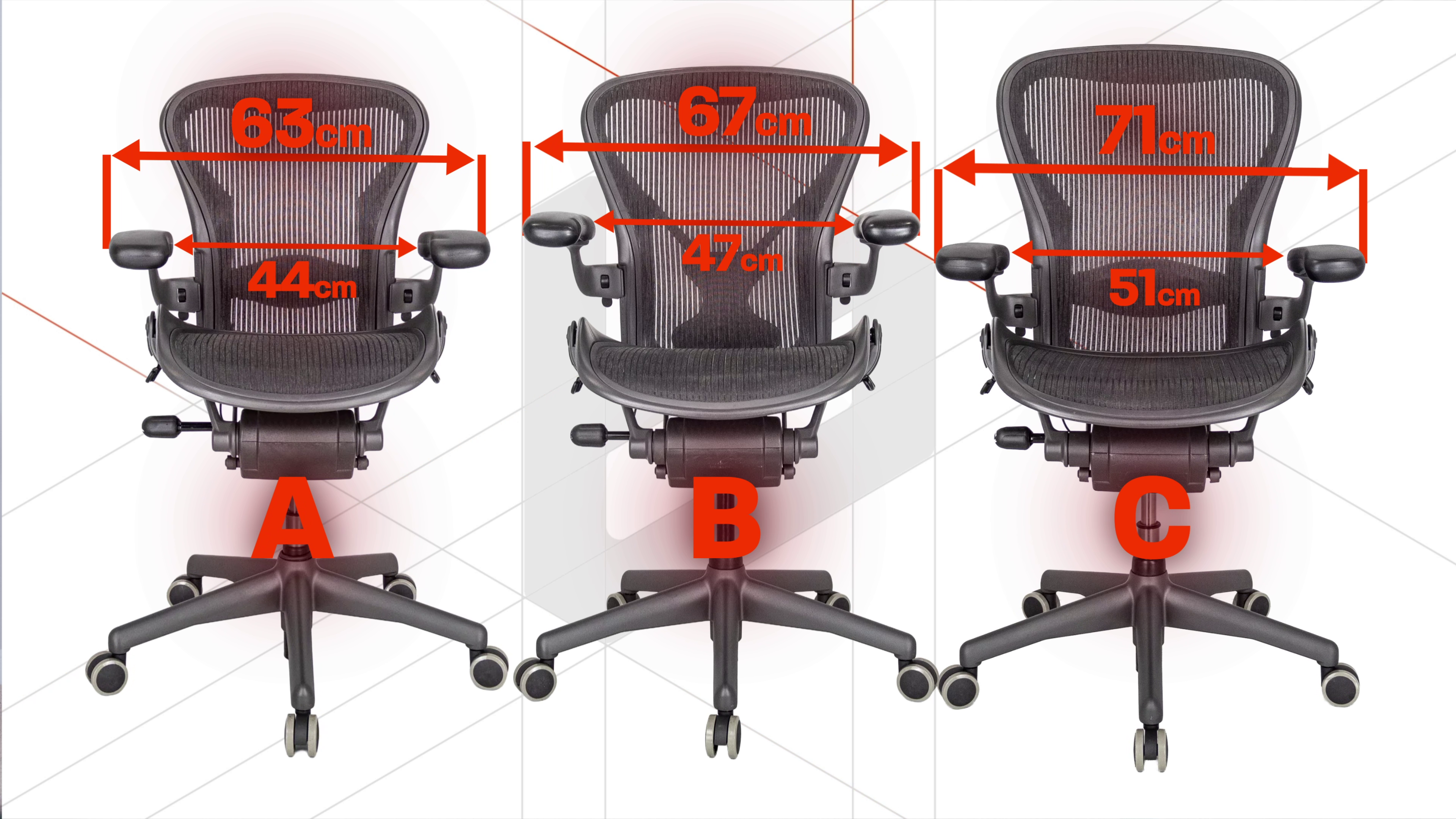 Herman Miller Aeron – porównanie rozmiarów A, B i C. Jak dobrać idealny rozmiar? 10 Wymiary w Herman Miller Aeron A/B/C. Źródło: Brastech
