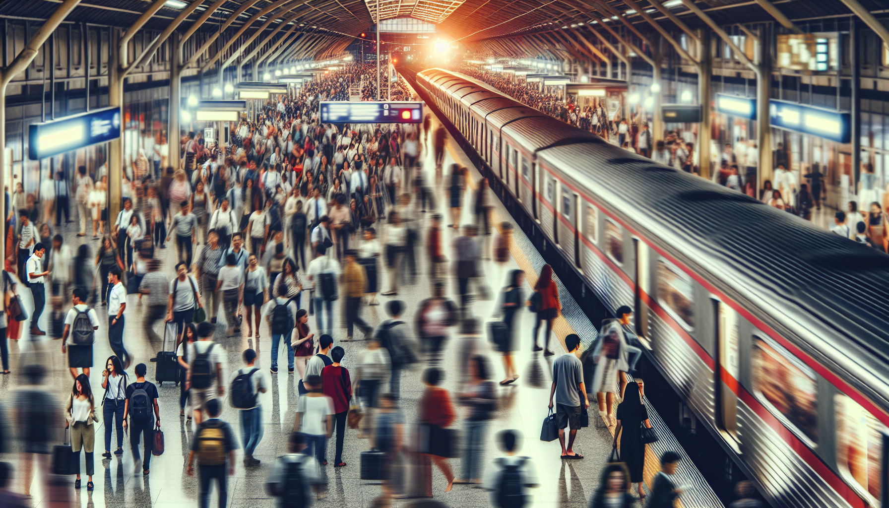 A busy train station with passengers boarding and disembarking trains